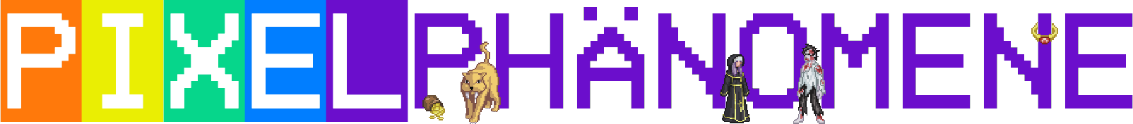 Schriftzug PIXELPHÄNOMENE; das Wort PIXEL ist in Regenbogenfarben gehalten; verteilt stehen vor dem Schriftzug kleine Pixelfiguren aus einem Computerspiel